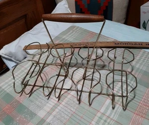 Vtg MCM Metal 8 Glass Beverage Tumbler Holder Caddy Wood Handle Tote Carrier  - Picture 1 of 4