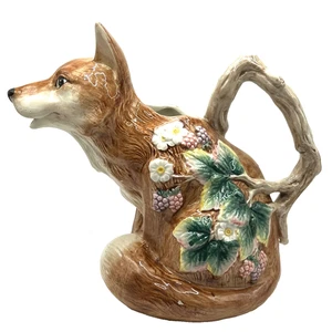 Fitz & Floyd Happy Red Fox Pitcher Majolica Woodland Berry Stamped 1990 - Picture 1 of 15