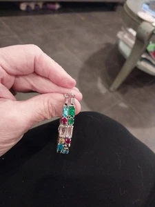 LARGE 2" MULTI-COLOR SIMULATED DIAMOND HOOPS/SILVERTONE, 5.0 Total carat weight - Picture 1 of 18