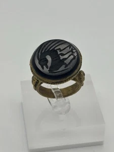 Large brass ring with engraved black intaglio – UK size P – 22.9 mm face - Picture 1 of 22