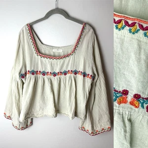 Natural Life Blouse Size Large Top 3/4 Flare Top Floral Embroidered Boho Cotton - Picture 1 of 7