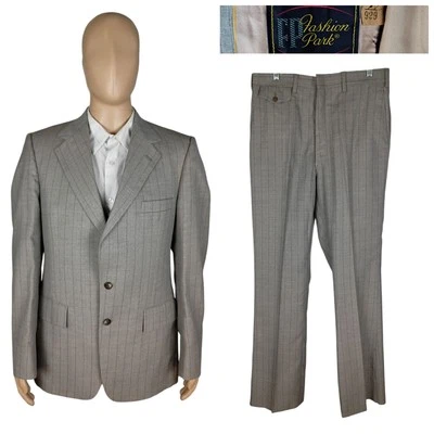 Vintage 70s 3 Piece Fashion Park Gray Olive Wool Stripe Suit Slim 38XL 33X35 - Image 1 of 4