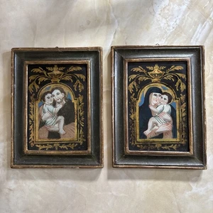 “ San Giuseppe Con Bambino Madonna Con Bambino Antichi Quadri Dipinti Su Vetro - Picture 1 of 8