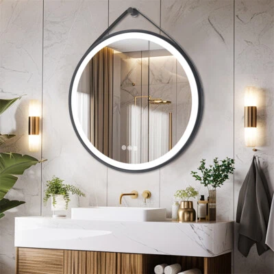 Round 600/700/800mm LED Lighted Bathroom Mirror Anti-fog Dimmable w Leather Belt - image 1 of 4