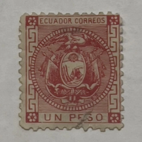 RARE 1872 ECUADOR 1 PESO STAMP #11 COAT OF ARMS PINK CARMINE Cover