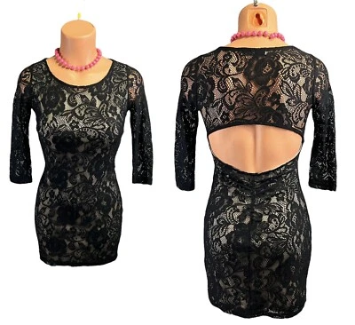 Mini Vestido Vintage Años 90 Negro Ilusión Encaje Elástico Bodycon Desnudo Beige Forrado Foto 1 de 4
