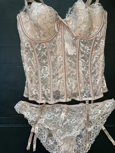 Victoria's Secret 34C/34D/36B M garter CORSET SET BEIGE SILVER evening blush - Picture 1 of 5