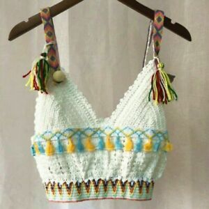 Ladies Crop Top Bra Vest Cami Tank V Neck Crochet Tassels Ethnic Beach Boho