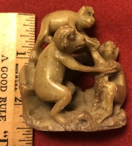 Pre-WWII Chinese Three Monkeys Hand-Carved Soapstone Figural - Picture 1 of 7