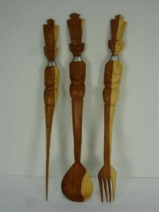 A LEO PRODUCT GENUINE HAND CARVED WOOD MADE IN EAST AFRICA FORK KNIFE SPOON - Picture 1 of 11