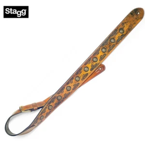 Stagg SPFL AGED LBRW Light Brown Padded Distressed Leather Flower Guitar Strap - Picture 1 of 1