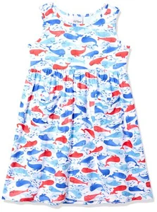 Flap Happy Girls' UPF 50+ Dahlia Dress w/Pockets, Splish Splash Whale Blue 2 - Picture 1 of 1