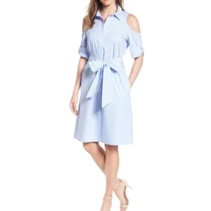 Draper James Dress Stripe Poplin Cold Shoulder Dress Blue White Size 14 NWT - Picture 1 of 7