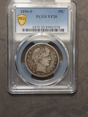 1896-S Barber Half Dollar 50c PCGS Certified VF20  1896 S Silver  - Image 1 of 4