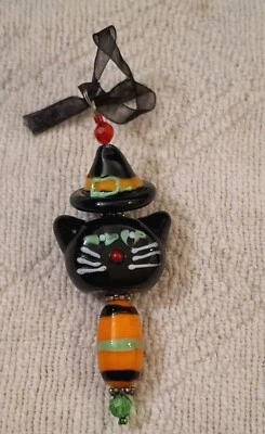 Colgante sombrero de bruja gato negro de vidrio artístico de Halloween cuentas de vidrio de 3,5" L HP Foto 1 de 4