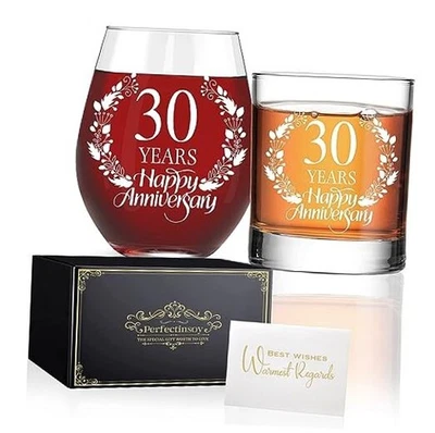  Juego de regalo de copa de whisky y copa de vino sin tallo de feliz aniversario de 30 años,  Foto 1 de 4
