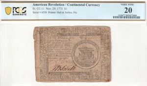 $1 American Revolution Continental Currency Fr. CC-11 Nov. 29, 1775 PCGS VF 20 - Picture 1 of 4