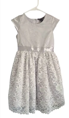 Girls Size 10 Silver Dress A-line & Lace W/ Bow Formal Picture Christmas... - Image 1 of 4