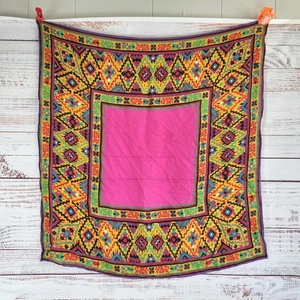 Vintage Echo Silk Scarf Geometric Banjara Style Orange Pink Green 29.5" x 31" - Picture 1 of 5