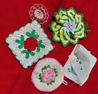 ANTIQUE HANDMADE CROCHETED POT HOLDERS & EMBROIDERED HANKERCHIEF~ 5 COLLECTIBLES