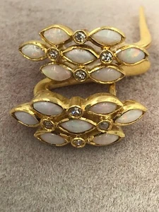 Feine 7 Steine weißer Opal Clip Ohrringe mit Diamant 800k Gelbgold 0,08Ct - Bild 1 von 10