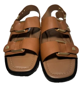 Womens Leather Sandals UK 5 / 38 John Lewis Lounge Tan Brown Flat Gold Metalwear - Picture 1 of 16