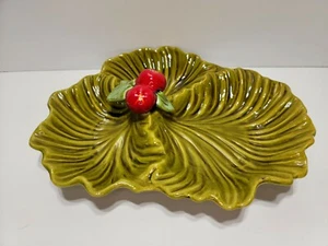 Vintage Maurice California Pottery USA Green Leaf Divided Dish With Apples - Picture 1 of 11
