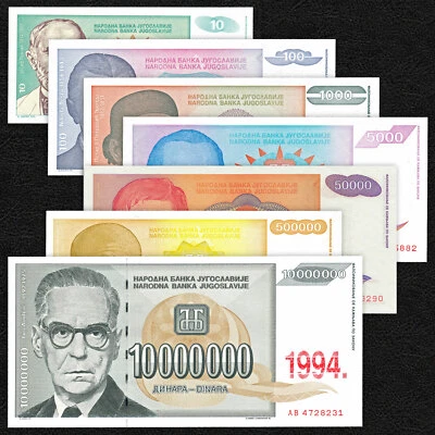 YUGOSLAVIA 10-10 Million Dinara Set 7 PCS 1994 P-138 139 140 141 142 143 144 UNC - Image 1 of 4