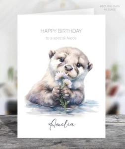 Biglietto Auguri Compleanno Personalizzato Lontra e Margherite Carino - Misura a Scelta - Foto 1 di 3