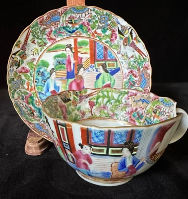 TAZA Y PLATILLO EXPORTACIÓN CHINA FAMILIA ROSA MANDARINA PORCELANA c1849 (dañado*) Foto 1 de 4