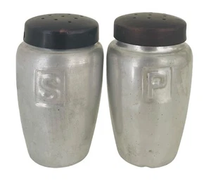 Aluminum Salt & Pepper Shakers 3" Black Top Vintage Japan Mid Century Modern - Picture 1 of 10