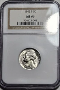 1943 P Silver Jefferson Wartime Nickel NGC MS66 High Grade # A206 Stunning Coin - Picture 1 of 4