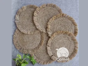 Set of 6 Raffia Fringed Placemats Handmad Natural eco-friendly sustainable straw - Picture 1 of 5