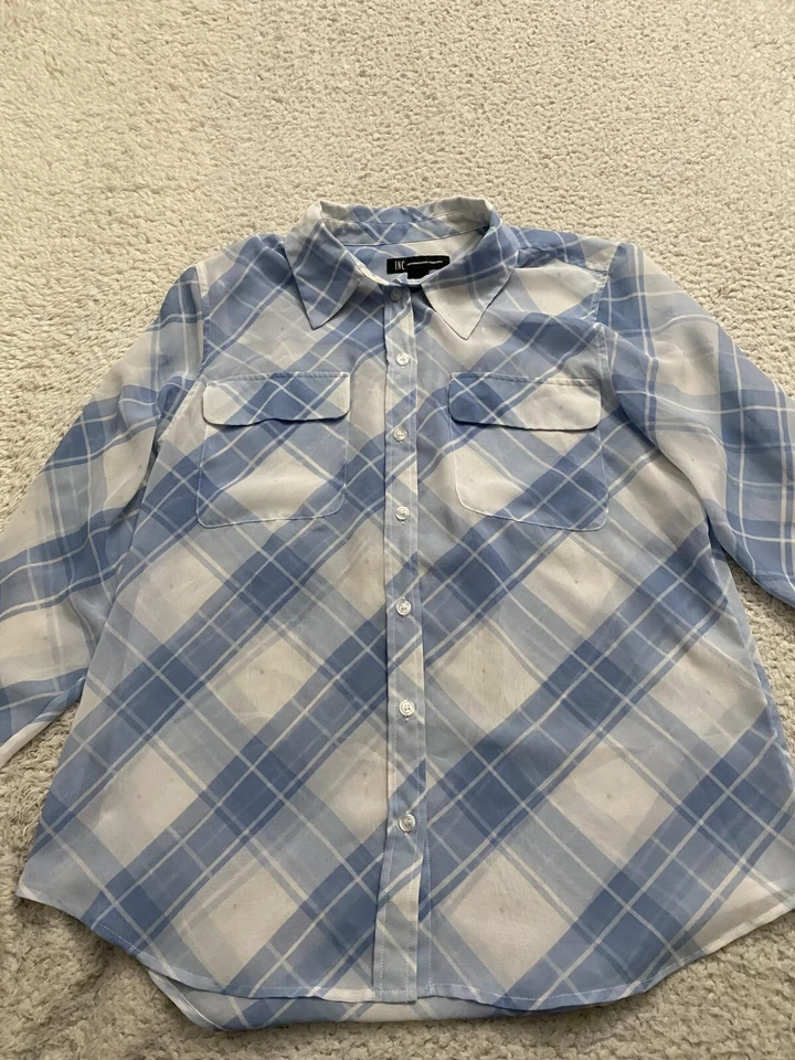 Camisa con botones de manga larga a cuadros transparentes talla 8 INC International Concepts para mujer Foto 1 de 4