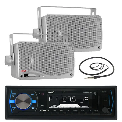 PLMRB29B Marine AUX USB Receiver, Antenna, Silver 3.5" 200W Marine Box Speakers - Image 1 of 4