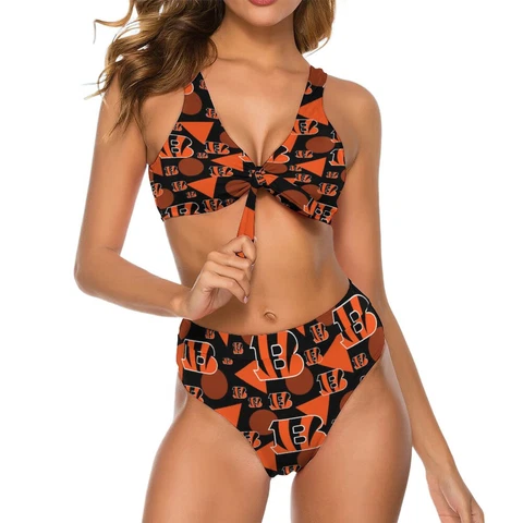 2pcs Cincinnati Bengals Womens Bow Tie Bikini Printed Swimsuit, with Chest Pad Cover