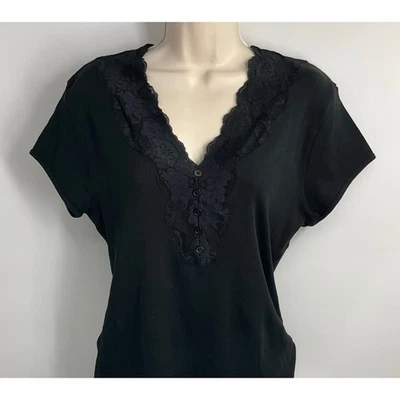 AUGUST SILK VIntage 90 年代 Y2K 黑色 V 领蕾丝上衣童话节奇思妙想 XL — 第 1/4 张图片