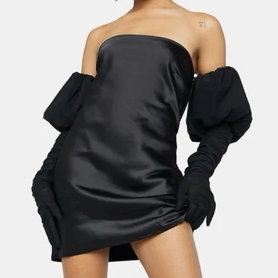 For Love & Lemons Hazel Mini Dress Black Satin w/ Puff Sleeve Gloves Size M - Image 1 of 4