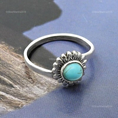 Genuine Turquoise Gemstone 925 Sterling Silver Flower Band Ring Size 6 Jewelry - Image 1 of 4