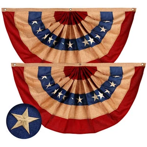 USA Tea Stained Pleated Fan Flag 1.5x3FT 2-Pack Burlap Embroidered Polyester - Picture 1 of 7