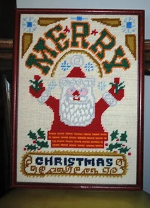 Finished Needlepoint 1970's era Merry Christmas Santa in Chimney Framed - Picture 1 of 5