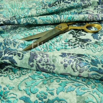 Traditional Damask Pattern Blue Teal Velvet Upholstery Curtain Furnishing Fabric - Image 1 of 4