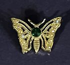 Gold Tone Butterfly Brooch Pin w/Large Green Rhinestone Body