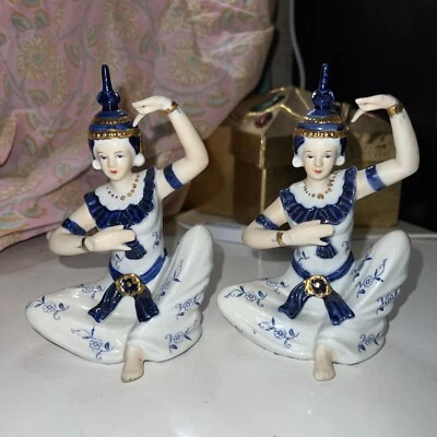 2 Vintage 1970's Thai Temple Dancer Porcelain 5" Statue Hand-Painted - Image 1 of 4