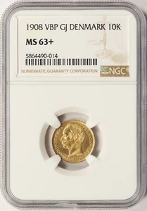 1908 VBP Denmark Gold 10 Kroner NGC MS63+ - Picture 1 of 4
