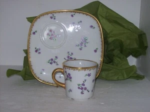 LANGENTHAL SUISSE PORCELAIN CUP AND SNACK PLATE HAND PAINTED VIOLETS AND GOLD TR - Picture 1 of 5