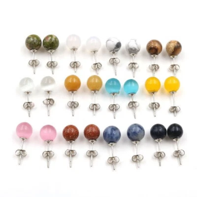12 Pairs 8mm Round Natural Unakite Jade Red Agate Quartz Silver Stud Earrings - Image 1 of 4