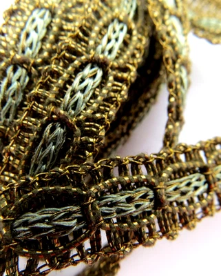 Antiguo ribete francés ornamentado de latón metálico con rayas tejidas de seda gris azul 71x1/2" Foto 1 de 3