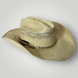Laredo Straw Feather Belted Tan/Cream Color Cowboy Hat Men Size 7 1/2 USA - Picture 1 of 9