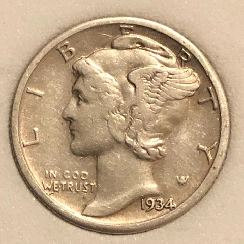 1934-D  Silver  Mercury Head Dime  Extremely Fine Condition EF/XF Cover
